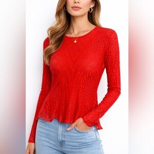 BCBGMaxAzria Red Lace Long-Sleeve Peplum Top
